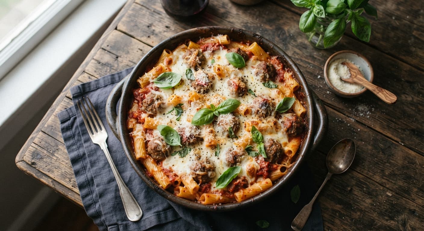 Cheesy Meatball Pasta Bake